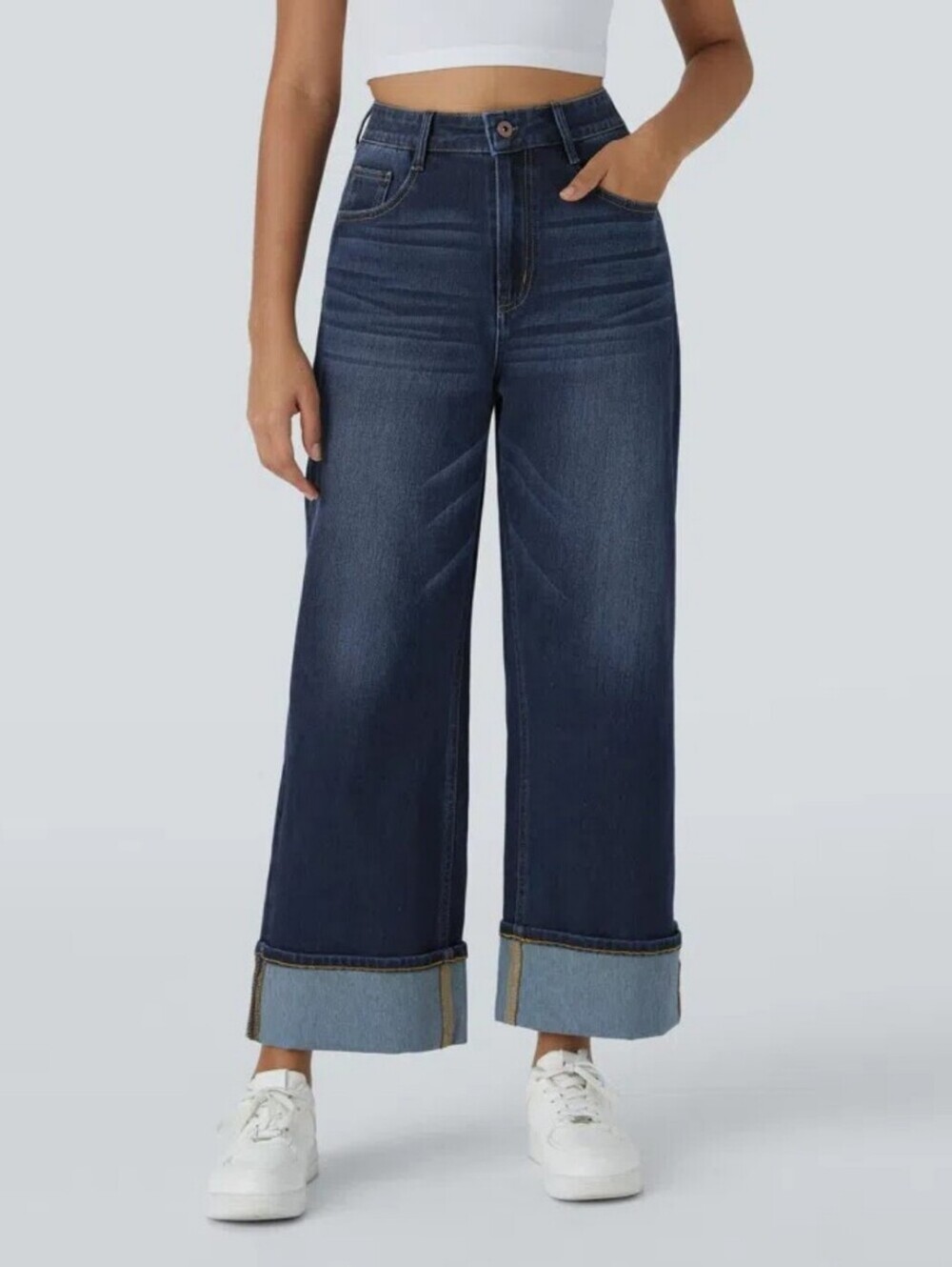 Halara S Flex High Waist Pockets Cuff Hem Wide Leg Washed Casual Jeans Petite